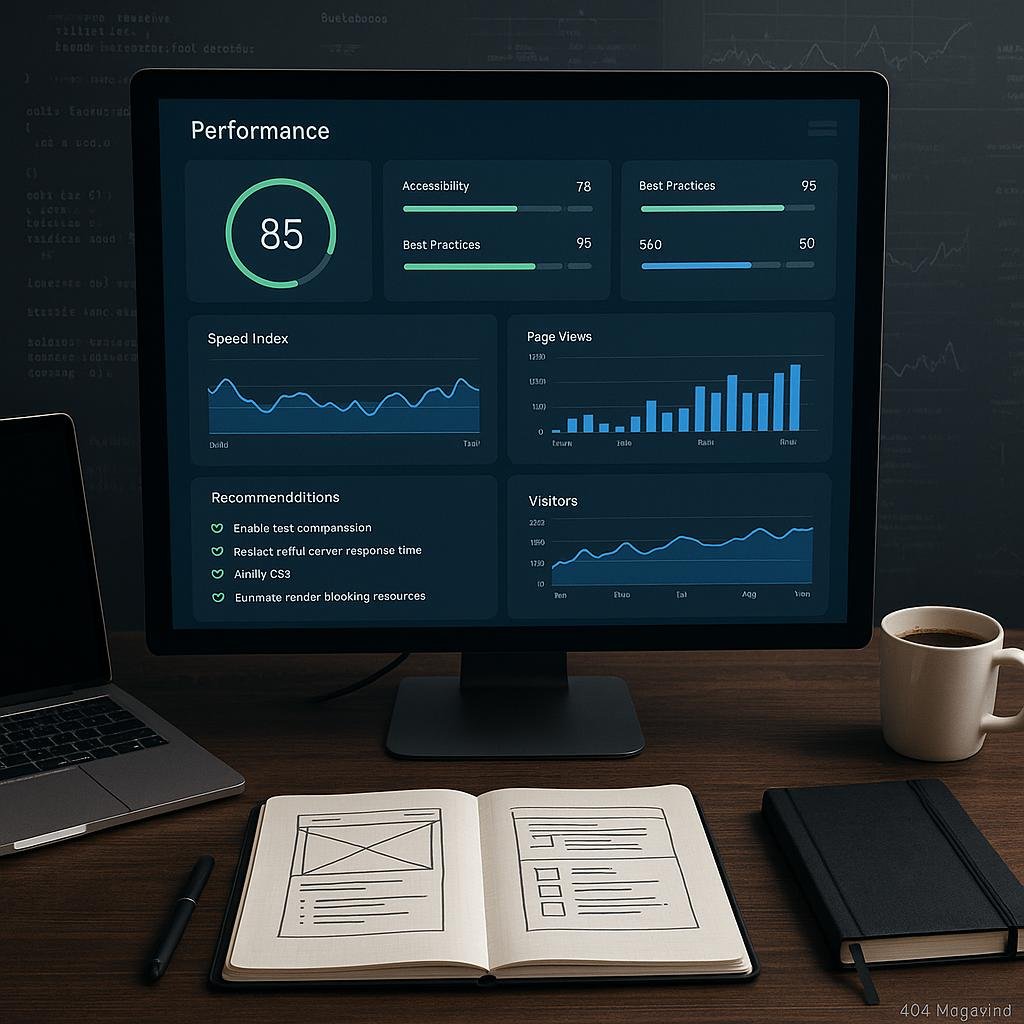 Moderner Arbeitsplatz eines Webentwicklers mit Monitor, Laptop, Notizbüchern, Kaffeetasse, Code-Snippets und Diagrammen, Fokus auf Leistung und Optimierung. Credit: 404 Magazine (Tobias Hager)
