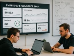 Entwickler vor einem Laptop analysieren technische Performance-Daten an einem großen Bildschirm in einem hell erleuchteten Raum mit Whiteboards im Hintergrund, die Serverzeiten und Web-Vitalparameter skizzieren.