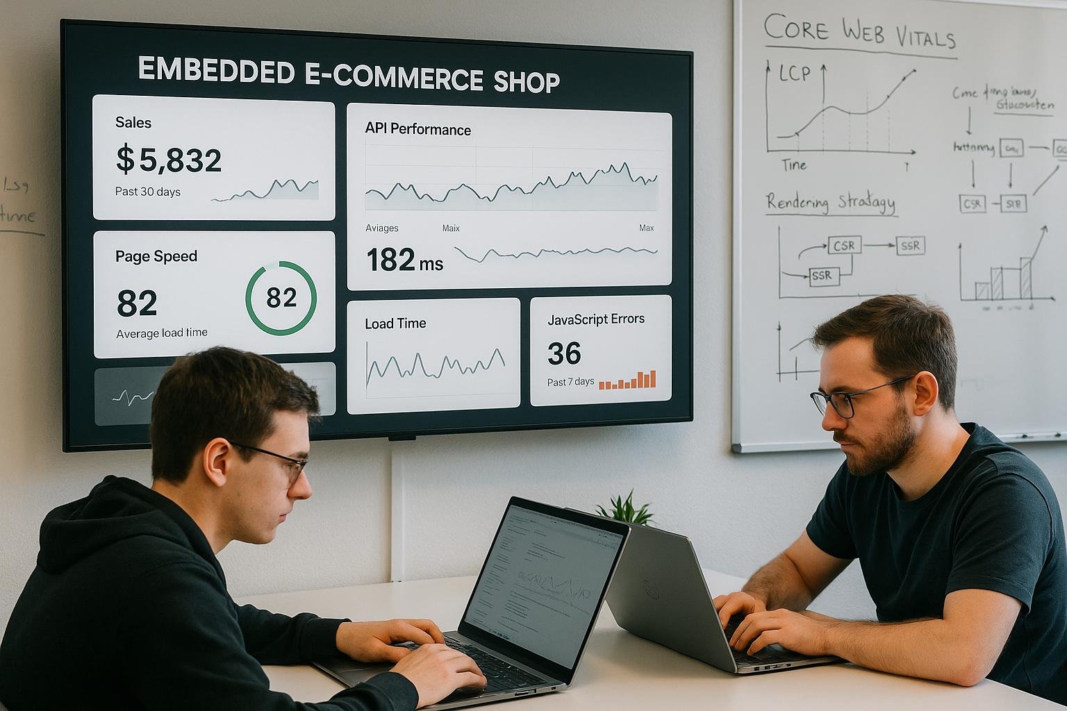 Entwickler vor einem Laptop analysieren technische Performance-Daten an einem großen Bildschirm in einem hell erleuchteten Raum mit Whiteboards im Hintergrund, die Serverzeiten und Web-Vitalparameter skizzieren.