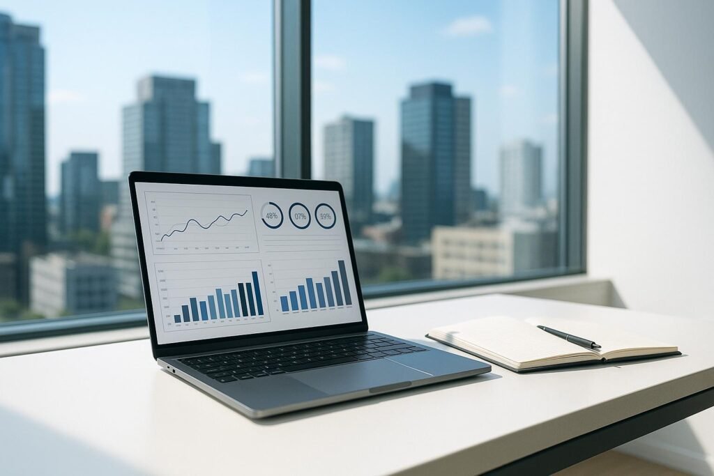 Moderner Arbeitsplatz mit Laptop, Notizbuch und Blick auf eine Stadt mit Hochhäusern durch eine große Glasscheibe, natürliches Licht, technisches Ambiente.