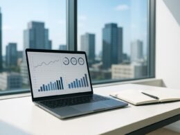 Moderner Arbeitsplatz mit Laptop, Notizbuch und Blick auf eine Stadt mit Hochhäusern durch eine große Glasscheibe, natürliches Licht, technisches Ambiente.