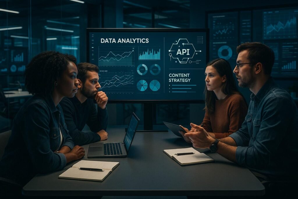 Moderner digitaler Arbeitsplatz mit großem Bildschirm, Datenvisualisierungen und einem Team von Marketingexperten in einem High-Tech-Büro