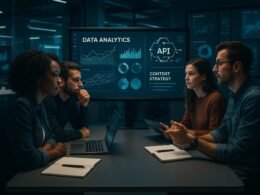 Moderner digitaler Arbeitsplatz mit großem Bildschirm, Datenvisualisierungen und einem Team von Marketingexperten in einem High-Tech-Büro