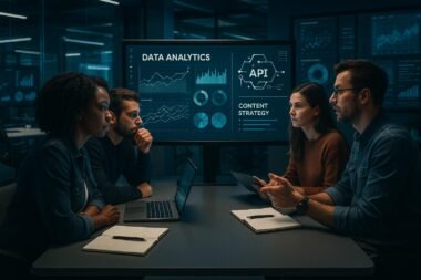 Moderner digitaler Arbeitsplatz mit großem Bildschirm, Datenvisualisierungen und einem Team von Marketingexperten in einem High-Tech-Büro