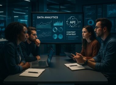 Moderner digitaler Arbeitsplatz mit großem Bildschirm, Datenvisualisierungen und einem Team von Marketingexperten in einem High-Tech-Büro