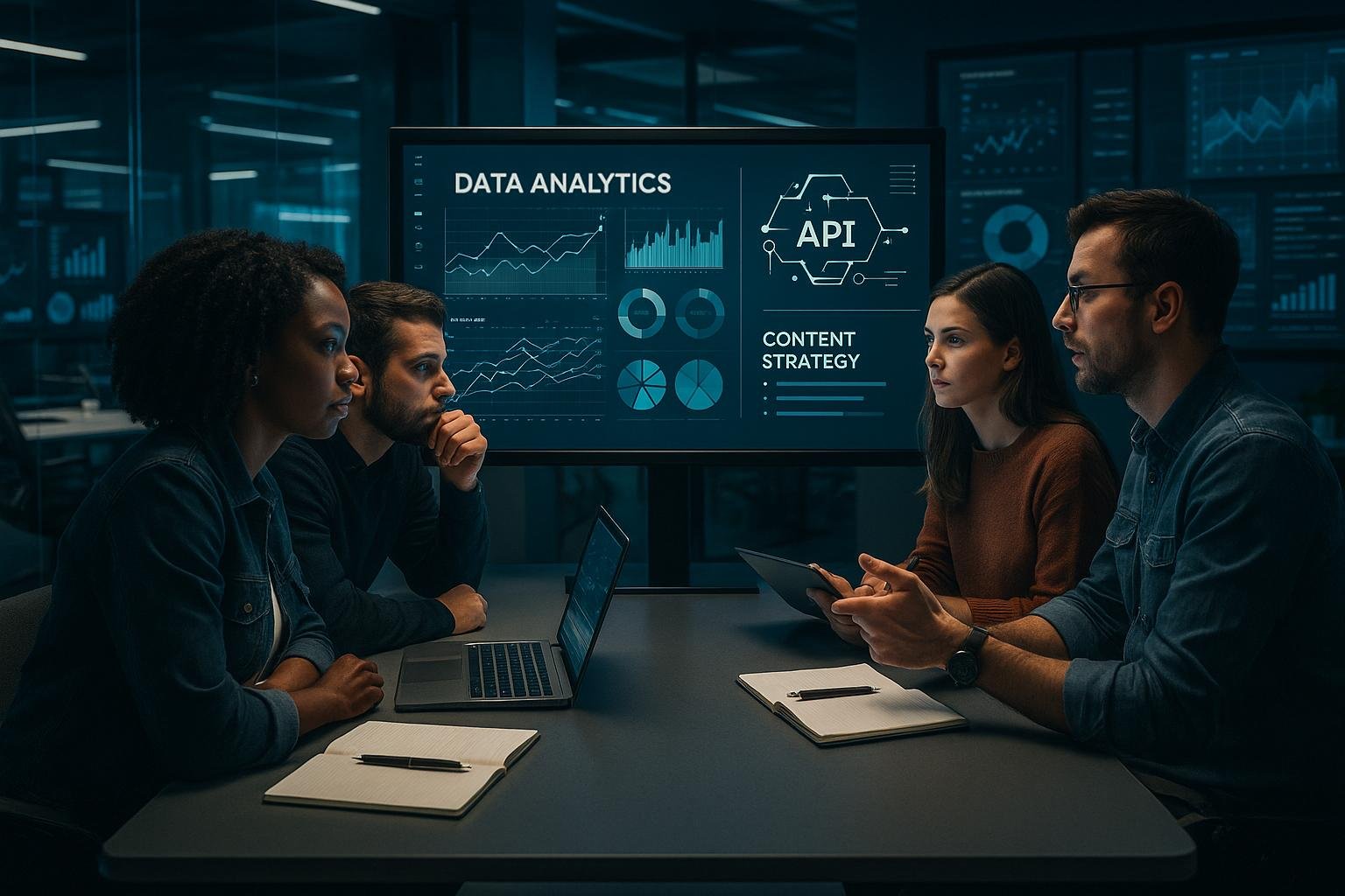 Moderner digitaler Arbeitsplatz mit großem Bildschirm, Datenvisualisierungen und einem Team von Marketingexperten in einem High-Tech-Büro