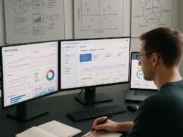 Moderne Büroumgebung mit Monitoren, Analysedaten, Diagrammen und Whiteboards, focusierte Person bei SEO-Strategien