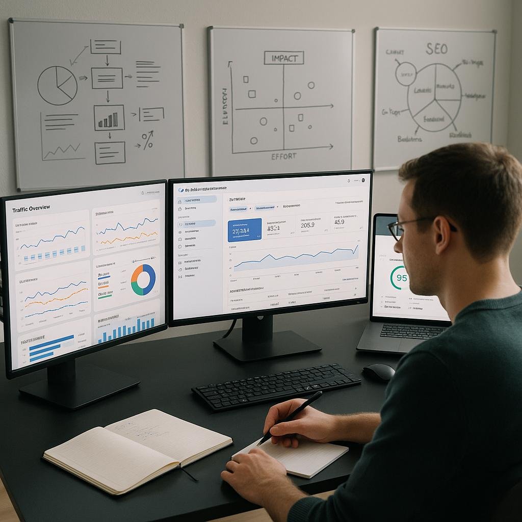 Moderne Büroumgebung mit Monitoren, Analysedaten, Diagrammen und Whiteboards, focusierte Person bei SEO-Strategien
