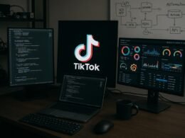 Arbeitsplatz mit mehreren Monitoren, Code-Editoren, Dashboards, Mikrocontrollern und Whiteboard-Skizzen zur TikTok-Automatisierung
