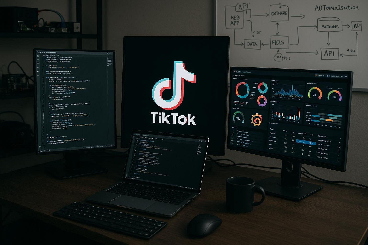 Arbeitsplatz mit mehreren Monitoren, Code-Editoren, Dashboards, Mikrocontrollern und Whiteboard-Skizzen zur TikTok-Automatisierung