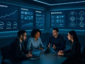 Futuristisches digitales Kontrollzentrum mit großen Datenbildschirmen, Teamarbeit und fortschrittlicher Technologieambiente, beleuchtet mit blauer und weißer Beleuchtung