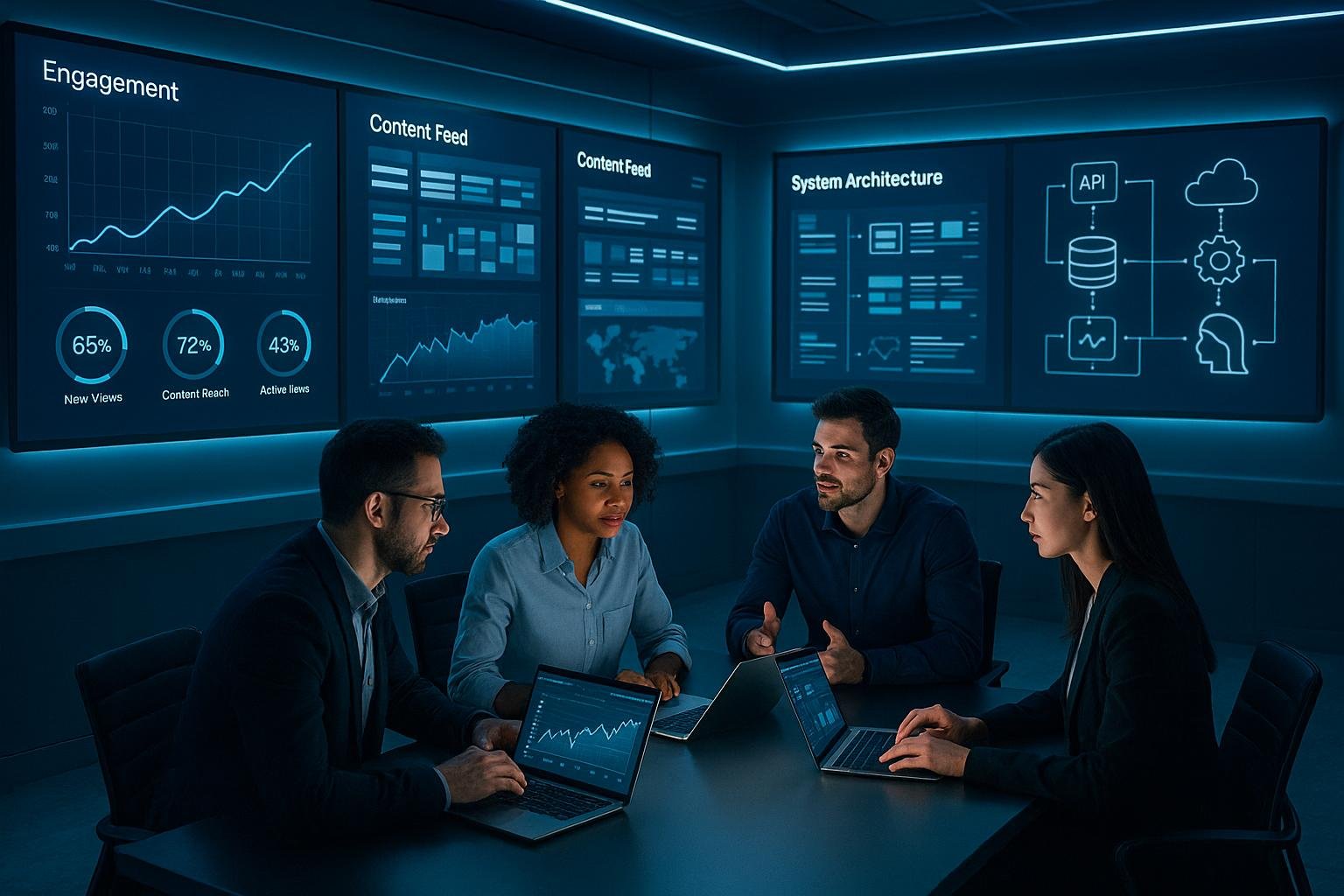 Futuristisches digitales Kontrollzentrum mit großen Datenbildschirmen, Teamarbeit und fortschrittlicher Technologieambiente, beleuchtet mit blauer und weißer Beleuchtung