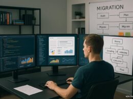 Ein Entwickler im modernen Büro analysiert Website-Architektur und SEO-Daten auf mehreren Bildschirmen, mit Whiteboard-Agendas im Hintergrund.