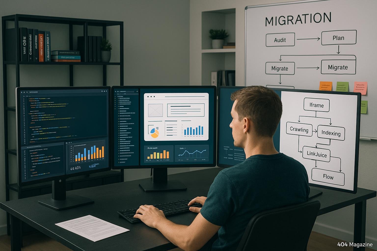 Ein Entwickler im modernen Büro analysiert Website-Architektur und SEO-Daten auf mehreren Bildschirmen, mit Whiteboard-Agendas im Hintergrund.