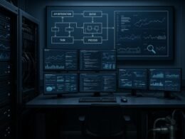 Modernes Kontrollzentrum mit mehreren Bildschirmen, Server-Racks, Kabelmanagement und digitaler Infrastruktur, betont technische Präzision und Hightech-Atmosphäre.