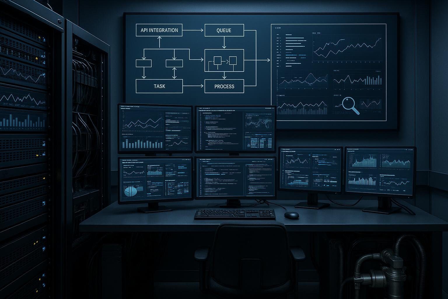 Modernes Kontrollzentrum mit mehreren Bildschirmen, Server-Racks, Kabelmanagement und digitaler Infrastruktur, betont technische Präzision und Hightech-Atmosphäre.