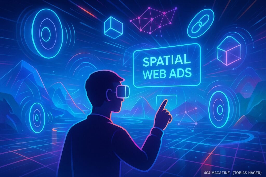 Futuristischer virtueller Raum mit schwebenden holografischen Soundquellen, lebendigen Landschaften und Blockchain-Symbolen, demonstriert Interaktion mit Spatial Web Ads.