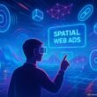 Futuristischer virtueller Raum mit schwebenden holografischen Soundquellen, lebendigen Landschaften und Blockchain-Symbolen, demonstriert Interaktion mit Spatial Web Ads.