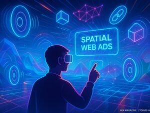 Futuristischer virtueller Raum mit schwebenden holografischen Soundquellen, lebendigen Landschaften und Blockchain-Symbolen, demonstriert Interaktion mit Spatial Web Ads.