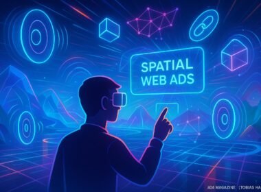Futuristischer virtueller Raum mit schwebenden holografischen Soundquellen, lebendigen Landschaften und Blockchain-Symbolen, demonstriert Interaktion mit Spatial Web Ads.
