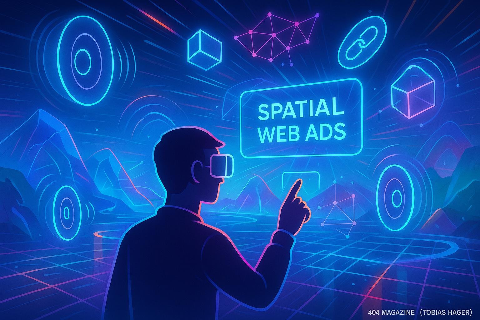 Futuristischer virtueller Raum mit schwebenden holografischen Soundquellen, lebendigen Landschaften und Blockchain-Symbolen, demonstriert Interaktion mit Spatial Web Ads.