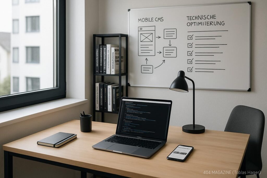 Modern eingerichtetes Arbeitszimmer mit Laptop, Smartphone und Büchern zu SEO und Webentwicklung, Whiteboard mit Diagrammen. Credit: 404 Magazine (Tobias Hager).
