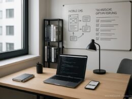 Modern eingerichtetes Arbeitszimmer mit Laptop, Smartphone und Büchern zu SEO und Webentwicklung, Whiteboard mit Diagrammen. Credit: 404 Magazine (Tobias Hager).