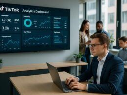 Moderne Büroszene mit Person im Business-Outfit vor TikTok-Analyse-Dashboard, während Teammitglieder mit Tablets und Smartphones arbeiten, vermittelt Innovation und Automatisierung im Marketing, Credit: 404 Magazine (Tobias Hager)