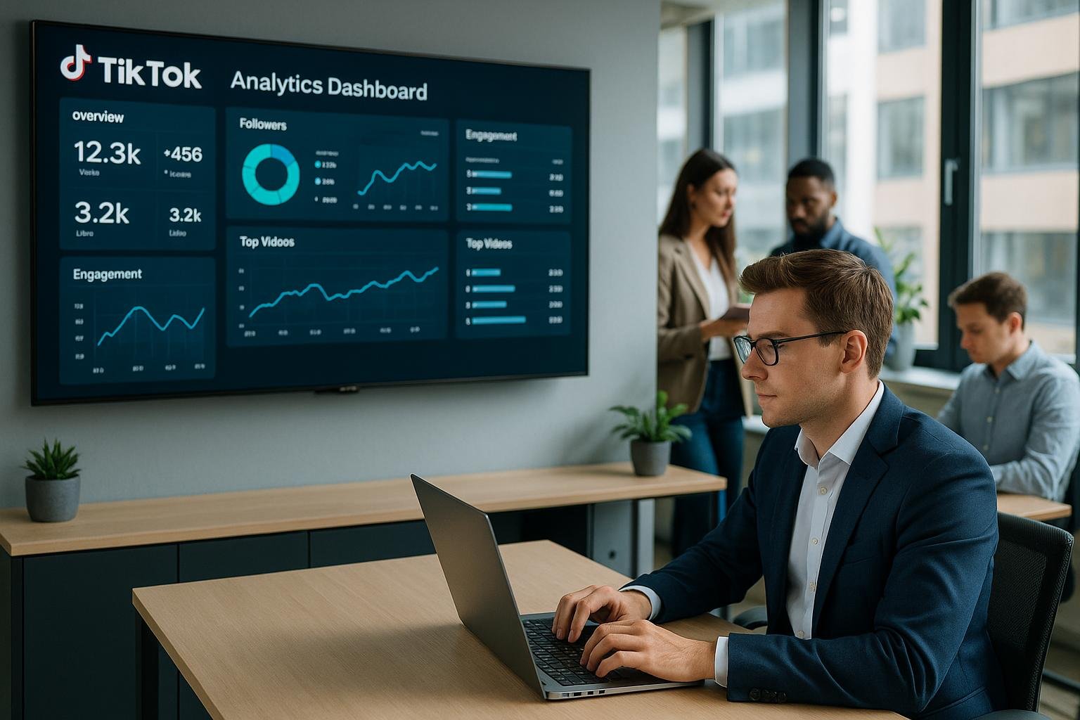 Moderne Büroszene mit Person im Business-Outfit vor TikTok-Analyse-Dashboard, während Teammitglieder mit Tablets und Smartphones arbeiten, vermittelt Innovation und Automatisierung im Marketing, Credit: 404 Magazine (Tobias Hager)