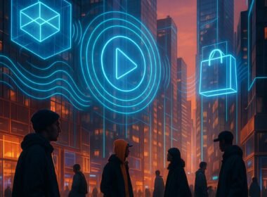 Futuristische Stadt bei Sonnenuntergang mit holografischen Anzeigen, reflektierenden Glasgebäuden und Menschen in Streetwear, die durch den virtuellen Raum gehen.