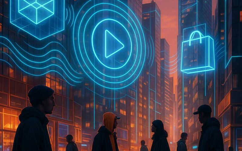 Futuristische Stadt bei Sonnenuntergang mit holografischen Anzeigen, reflektierenden Glasgebäuden und Menschen in Streetwear, die durch den virtuellen Raum gehen.