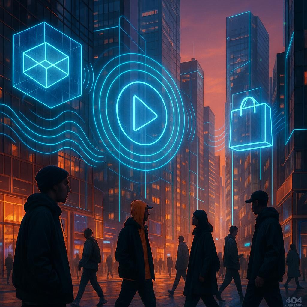 Futuristische Stadt bei Sonnenuntergang mit holografischen Anzeigen, reflektierenden Glasgebäuden und Menschen in Streetwear, die durch den virtuellen Raum gehen.