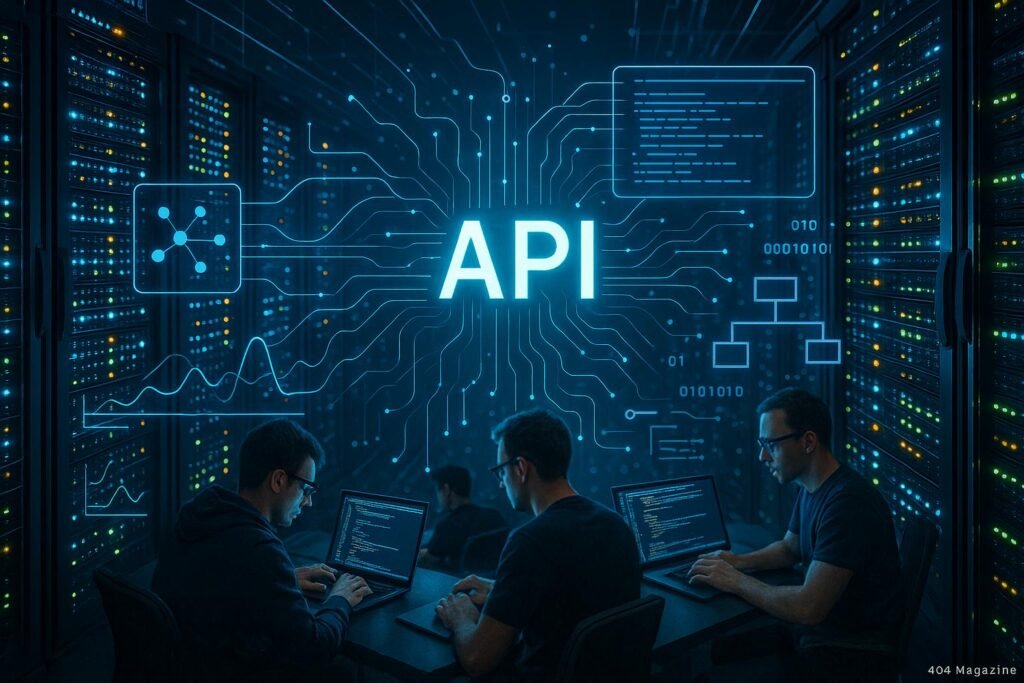 Hochmodernes Datenzentrum mit Serverracks, digitalen API-Connections, blinkenden Anzeigen und Entwicklern an Laptops, die an technischen Diagrammen arbeiten.