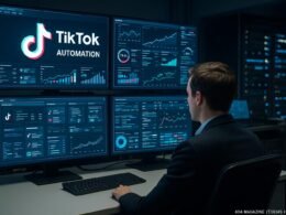 Moderne Control-Zentrale für TikTok-Automatisierung mit mehreren Monitoren, Dashboards und einer Person im Vordergrund, im Hintergrund Server und technische Geräte