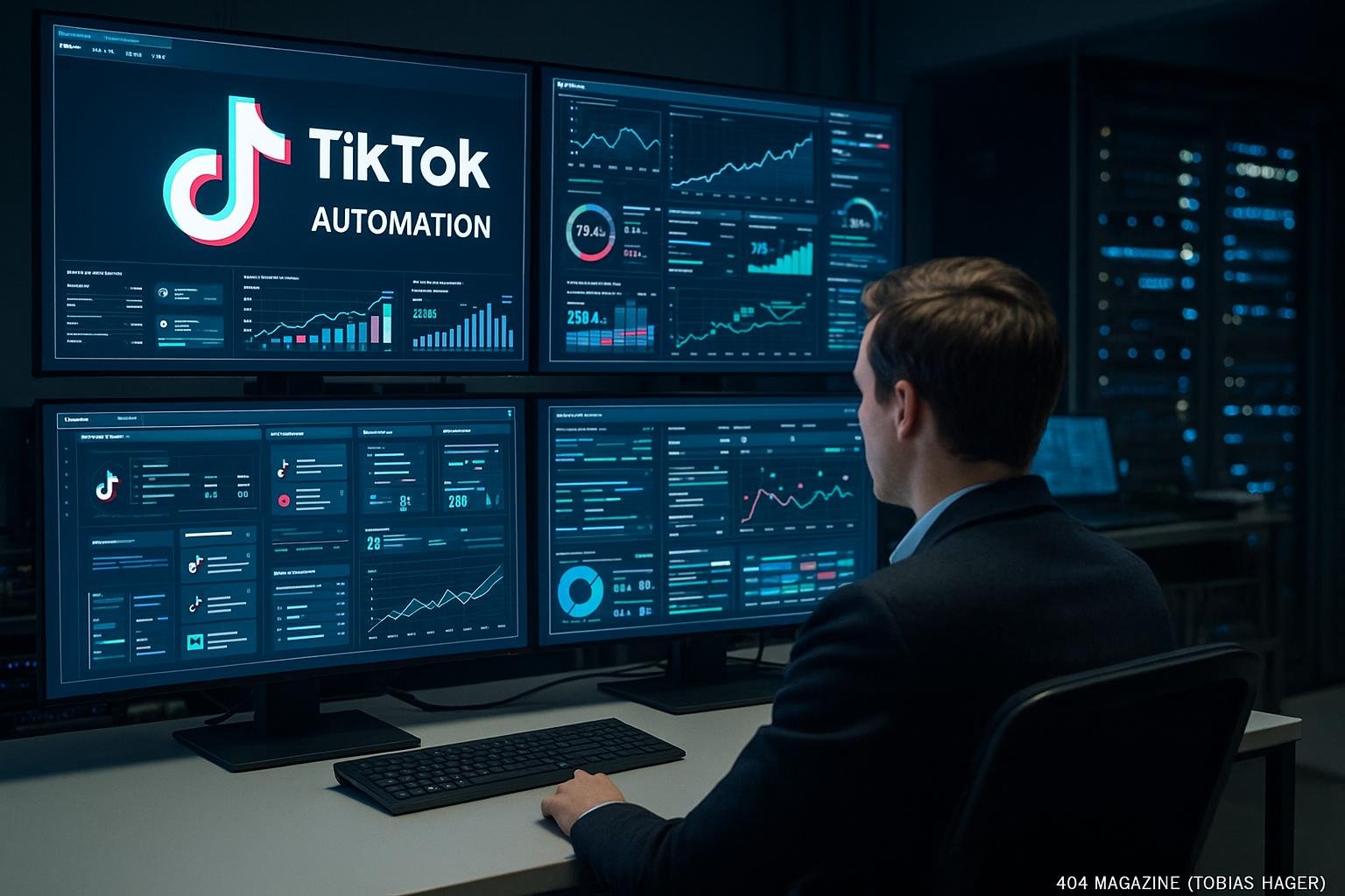 Moderne Control-Zentrale für TikTok-Automatisierung mit mehreren Monitoren, Dashboards und einer Person im Vordergrund, im Hintergrund Server und technische Geräte