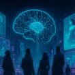 Futuristisches Stadtbild bei Nacht mit holographischen Anzeigen, KI-Illustration mit Nervenzellen und Datenströmen, Menschen und intelligenten Geräten