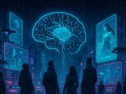 Futuristisches Stadtbild bei Nacht mit holographischen Anzeigen, KI-Illustration mit Nervenzellen und Datenströmen, Menschen und intelligenten Geräten