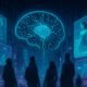 Futuristisches Stadtbild bei Nacht mit holographischen Anzeigen, KI-Illustration mit Nervenzellen und Datenströmen, Menschen und intelligenten Geräten