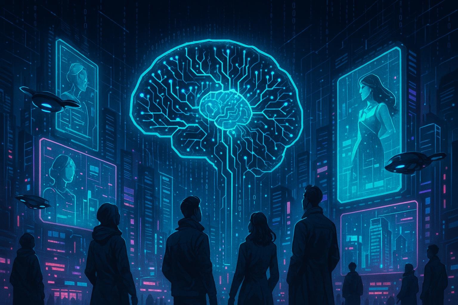 Futuristisches Stadtbild bei Nacht mit holographischen Anzeigen, KI-Illustration mit Nervenzellen und Datenströmen, Menschen und intelligenten Geräten