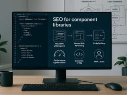 Arbeitsplatz eines Webentwicklers mit Monitor, technischen Schemata zu SEO, Diagrammen zu Crawlability, Lazy Loading und Fehleranalyse