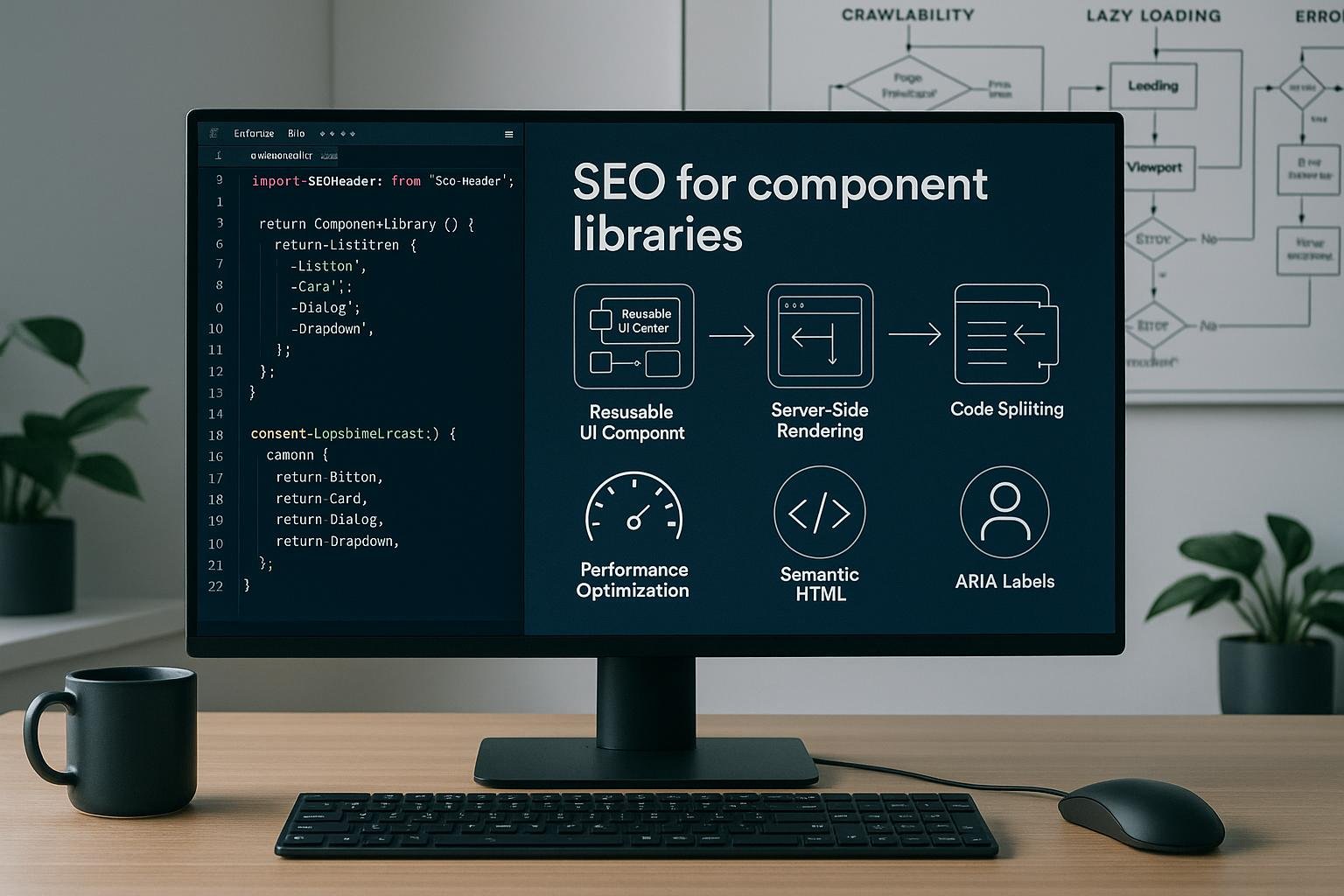 Arbeitsplatz eines Webentwicklers mit Monitor, technischen Schemata zu SEO, Diagrammen zu Crawlability, Lazy Loading und Fehleranalyse
