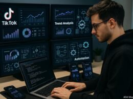 Modernes Büro mit mehreren Monitoren, die TikTok-Datenvisualisierungen und Trendanalysen zeigen, im Vordergrund ein Tech-Enthusiast mit Laptop und Smartphones, im Hintergrund Grafiken von APIs und Automatisierungstools, Credit: 404 Magazine (Tobias Hager).