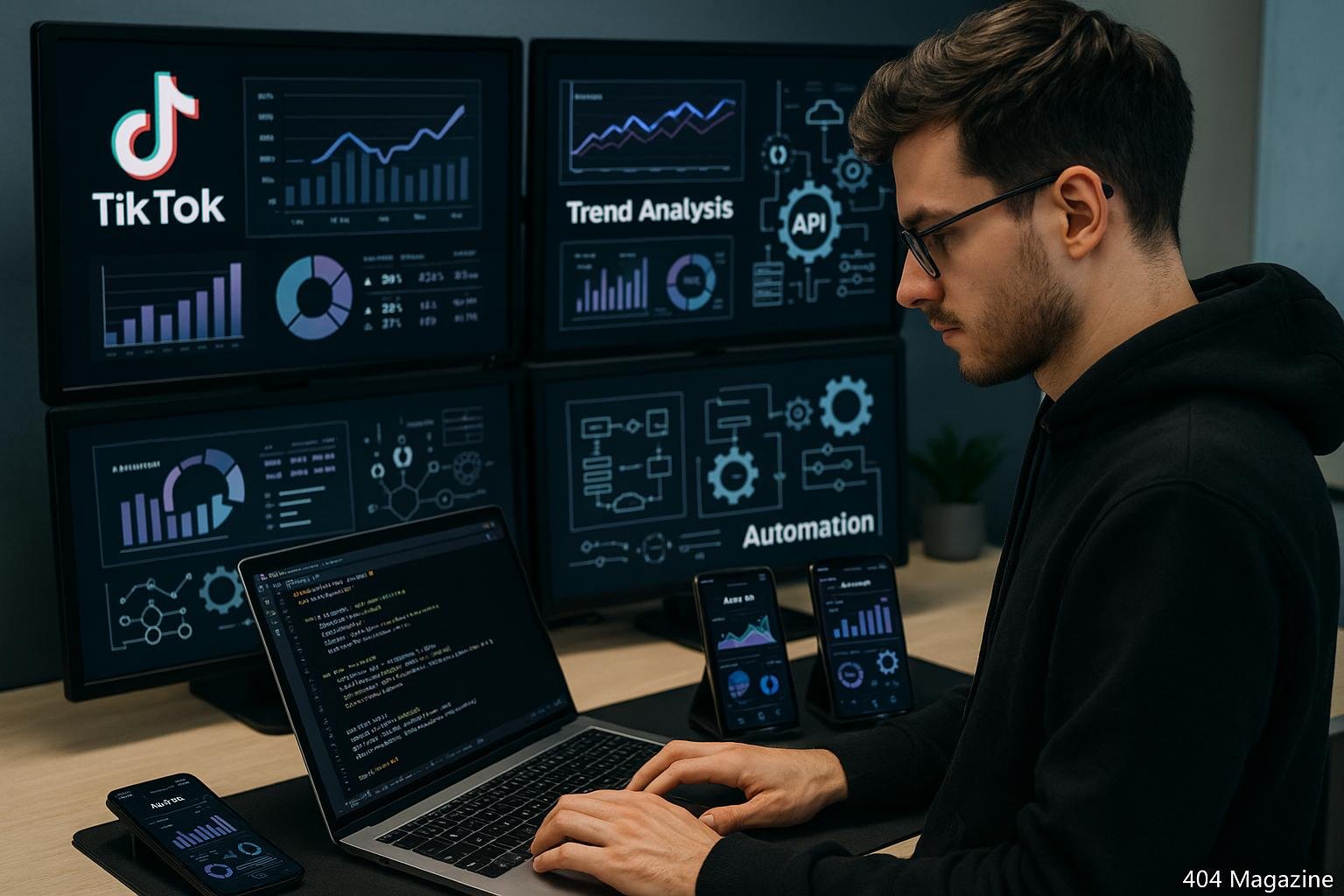 Modernes Büro mit mehreren Monitoren, die TikTok-Datenvisualisierungen und Trendanalysen zeigen, im Vordergrund ein Tech-Enthusiast mit Laptop und Smartphones, im Hintergrund Grafiken von APIs und Automatisierungstools, Credit: 404 Magazine (Tobias Hager).