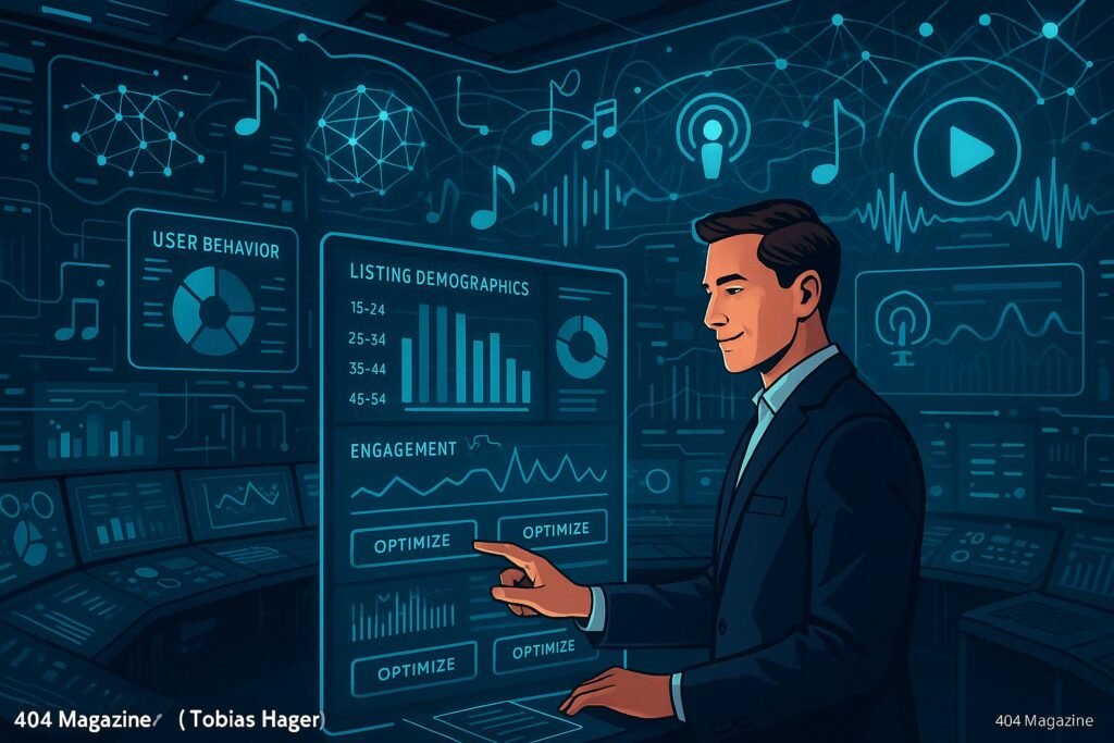 Ein moderner Kontrollraum mit holografischen Displays, die Datenanalysen, Nutzerverhalten und KI-Algorithmen zeigen, während ein Marketer die Steuerung ausführt, um Kampagnen zu optimieren.