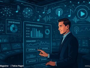 Ein moderner Kontrollraum mit holografischen Displays, die Datenanalysen, Nutzerverhalten und KI-Algorithmen zeigen, während ein Marketer die Steuerung ausführt, um Kampagnen zu optimieren.