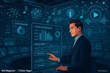 Ein moderner Kontrollraum mit holografischen Displays, die Datenanalysen, Nutzerverhalten und KI-Algorithmen zeigen, während ein Marketer die Steuerung ausführt, um Kampagnen zu optimieren.