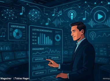 Ein moderner Kontrollraum mit holografischen Displays, die Datenanalysen, Nutzerverhalten und KI-Algorithmen zeigen, während ein Marketer die Steuerung ausführt, um Kampagnen zu optimieren.
