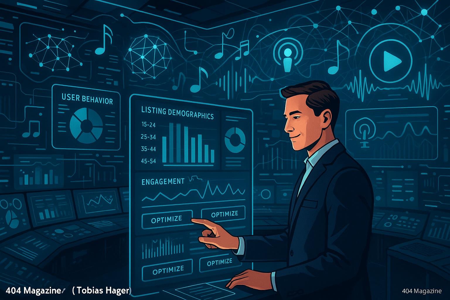 Ein moderner Kontrollraum mit holografischen Displays, die Datenanalysen, Nutzerverhalten und KI-Algorithmen zeigen, während ein Marketer die Steuerung ausführt, um Kampagnen zu optimieren.