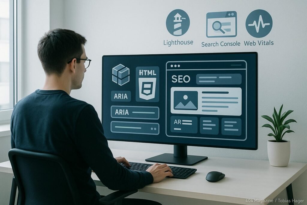 Entwickler in einem modernen, digital gestalteten Arbeitsraum mit großen Bildschirm, der Komponenten, HTML5-Symbole, ARIA-Labels und SEO-Optimierungen zeigt. Im Hintergrund sind Tools für SEO-Monitoring sichtbar.