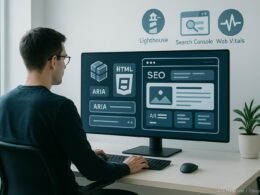 Entwickler in einem modernen, digital gestalteten Arbeitsraum mit großen Bildschirm, der Komponenten, HTML5-Symbole, ARIA-Labels und SEO-Optimierungen zeigt. Im Hintergrund sind Tools für SEO-Monitoring sichtbar.
